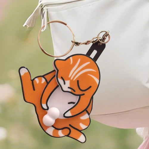 Funny Mischief Cat Keychain, Interactive Pullable Head & Paw Novelty Key Ring, Cute Gag Prank Toy Gift for Cat Lovers Friends